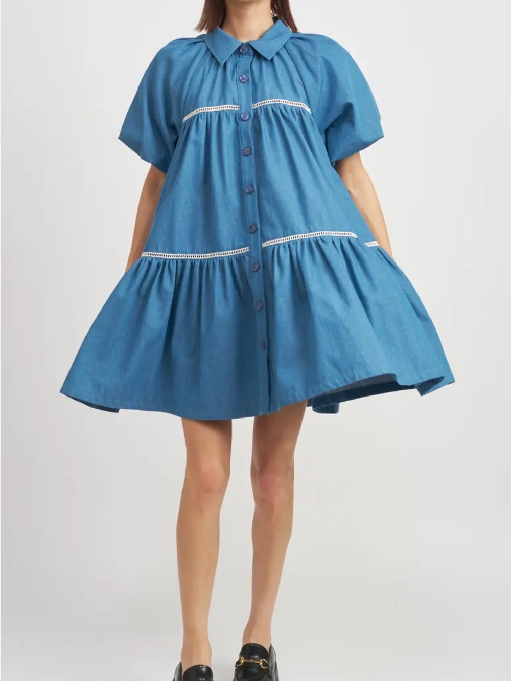 En Saison Tiered Babydoll Mini Shirtdress Chambray Coastal Cowgirl Cottagecore